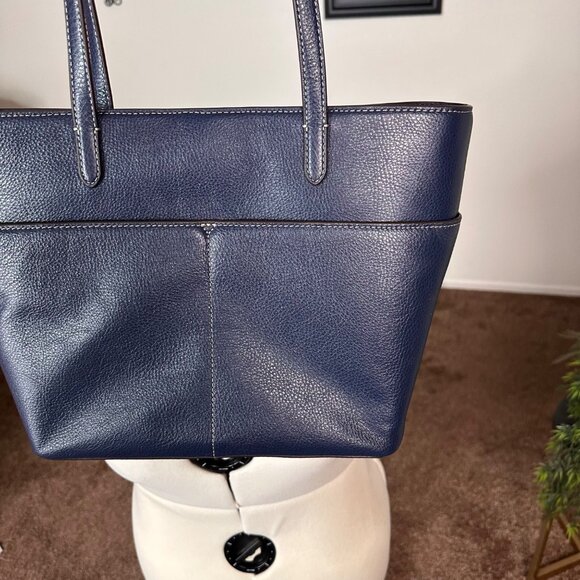 Michael Kors Logo Navy Blue Leather Tote Bag Purse | Dual Handles Front Pockets - Picture 14 of 15